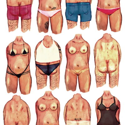 Troncos humanos sem cabeça com roupas íntimas variadas em diferentes cores e tatuagens