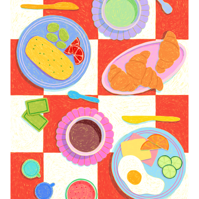 Ilustração de mesa com comida e utensílios coloridos em fundo xadrez vermelho e branco