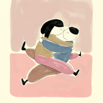 Ilustração de duas pessoas abraçadas estilizadas em fundo rosa