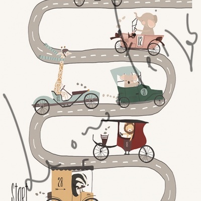 Ilustração de corrida de carros com animais pilotos num percurso com texto Start e Finish