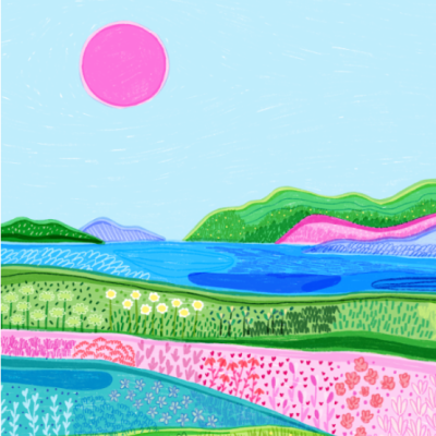 Ilustração colorida de paisagem com campos floridos, lago, colinas e sol cor-de-rosa