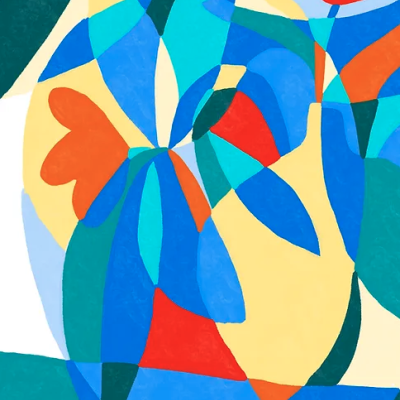 Pintura abstrata com formas geométricas e cores vibrantes representando flores e folhas