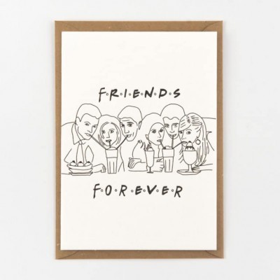 Cartão ilustrado com desenho de grupo sentado e texto Friends Forever