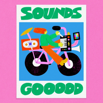 Desenho colorido de pessoa em bicicleta com instrumentos musicais, texto SOUNDS GOOOOD