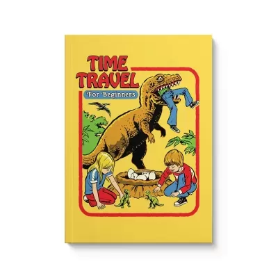 Capa de livro amarela com dinossauro e crianças brincando com mini dinossauros
