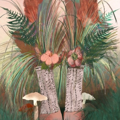 Ilustração de botas de casca de árvore com plantas e cogumelos em fundo pastel