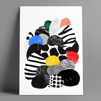 Cartaz decorativo com formas coloridas e padrões variados