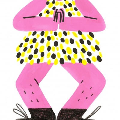 Ilustração de figura humana rosa com vestido amarelo de pontos e sapatos pretos