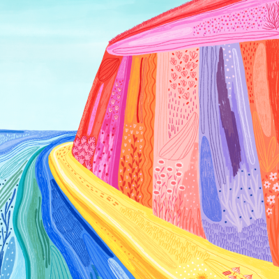 Ilustração colorida abstrata com painéis verticais e caminho junto a faixa colorida num céu azul