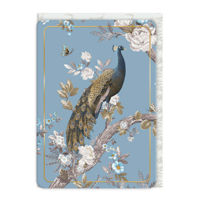 Capa com ilustração de pavão e flores em fundo azul