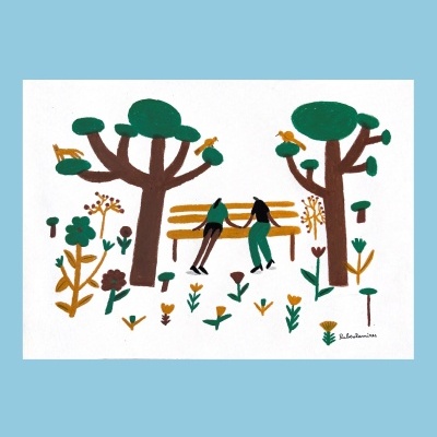 Ilustração colorida de duas pessoas num banco entre árvores e flores