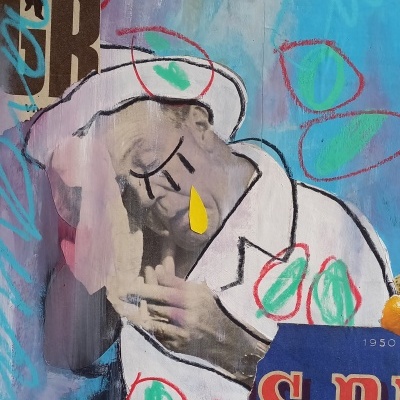 Colagem artística de homem de chapéu branco com lágrima amarela e manchas coloridas