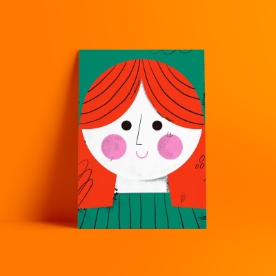 Ilustração colorida de rosto de menina com cabelo ruivo em fundo laranja