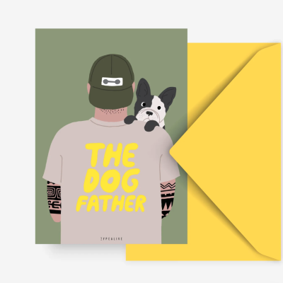 Ilustração de homem de costas com t-shirt THE DOG FATHER e cão ao ombro, fundo verde e envelope amarelo