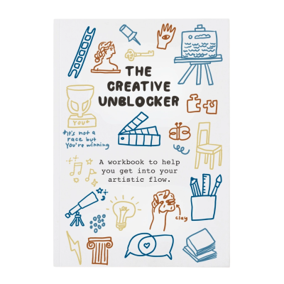 Capa de livro branco com título e ilustrações coloridas relacionadas com criatividade