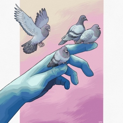 Mão azul segurando pombos cinzentos com fundo rosa