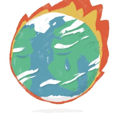 Ilustração da Terra em chamas com frase manuscrita