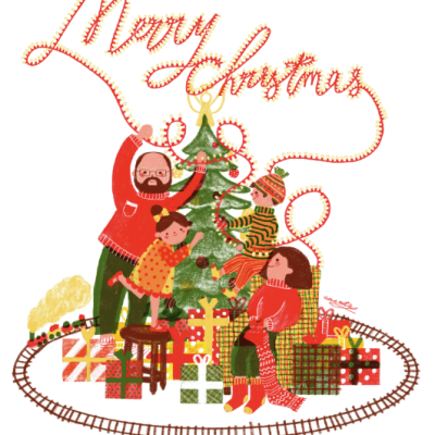 Ilustração de família a decorar árvore de Natal com presentes e comboio