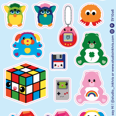 Autocolantes coloridos de jogos e brinquedos retro em fundo azul claro.