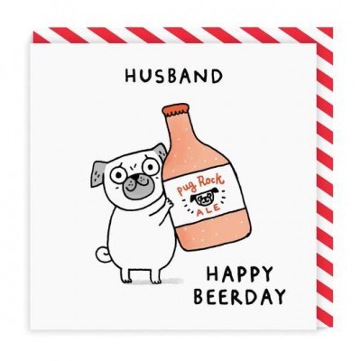 Cartão com ilustração de cão pug e garrafa de cerveja, texto Husband Happy Beerday