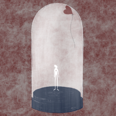 Figura humana branca minimalista dentro de globo de vidro com balão vermelho em fundo texturizado