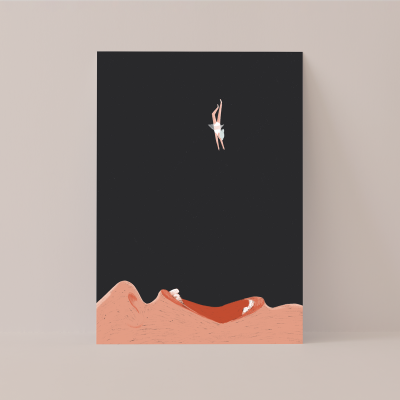 Cartaz artístico com figura a mergulhar em fundo preto e ondulações cor de salmão