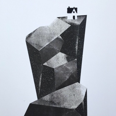 Ilustração em preto e branco de casa no topo de formação rochosa angular