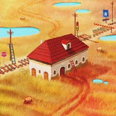 Ilustração de casa branca com telhado vermelho num campo amarelo com sinal STOP e semáforo