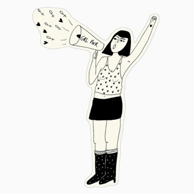 Ilustração mulher com megafone e texto GRL PWR