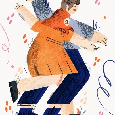 Ilustração abstrata de duas pessoas dançando com roupas coloridas