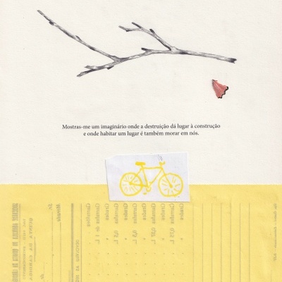 Desenho de ramo a lápis com frase em português e elementos de papel amarelo com ilustração