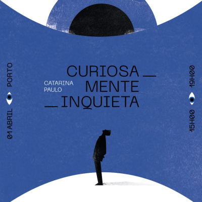 Cartaz azul e branco com texto e silhueta de pessoa