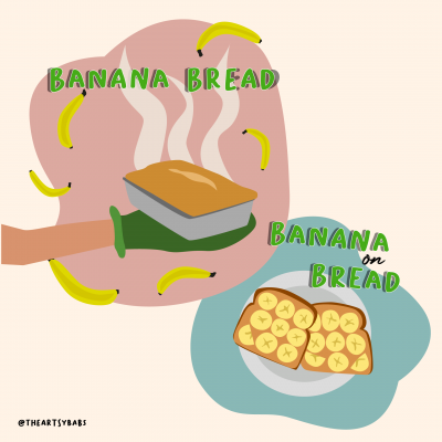 Ilustração com pão de banana quente e fatia de pão com banana e texto
