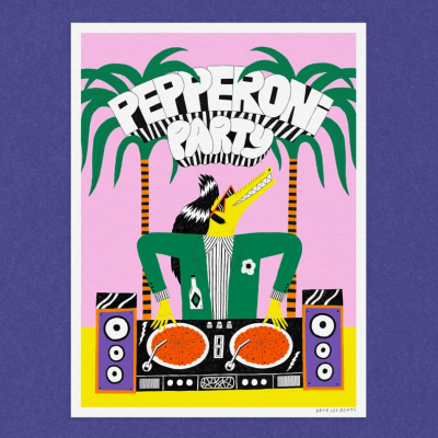 Ilustração colorida de crocodilo DJ com pizza e texto PEPPERONI PARTY.
