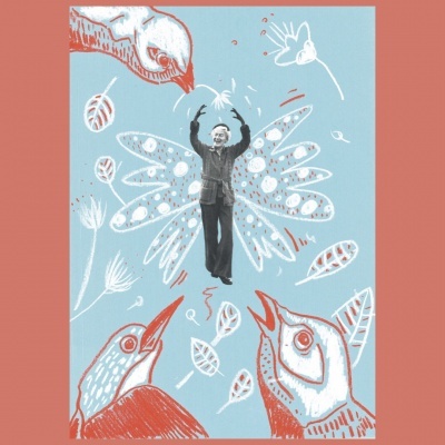 Ilustração de homem com pássaros e folhas em fundo azul claro