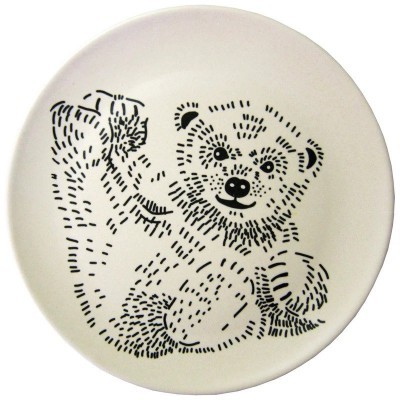 Prato redondo branco com desenho preto de urso polar estilizado em cerâmica