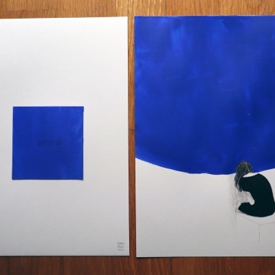 Duas gravuras artísticas em fundo branco com elementos em azul e figura humana.