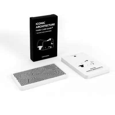 Kit de jogo ICONIC ARCHITECTURE com cartas em preto e branco e embalagem preta