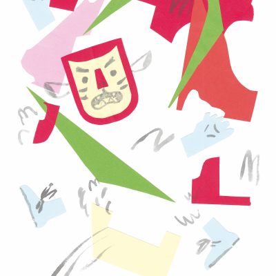 Colagem abstrata com papel colorido e desenhos de rosto e mãos