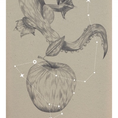 Desenho a preto e branco de uma maçã e forma abstrata com constelação de estrelas sobre fundo bege