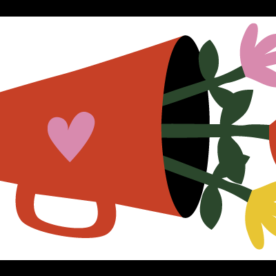 Megafone vermelho com coração rosa e flores coloridas saindo da abertura.