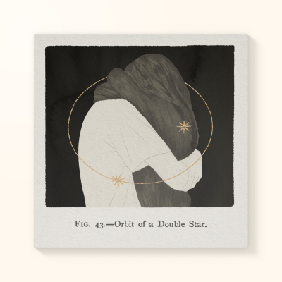 Ilustração artística de pessoa com cabelo comprido e órbita de duas estrelas douradas