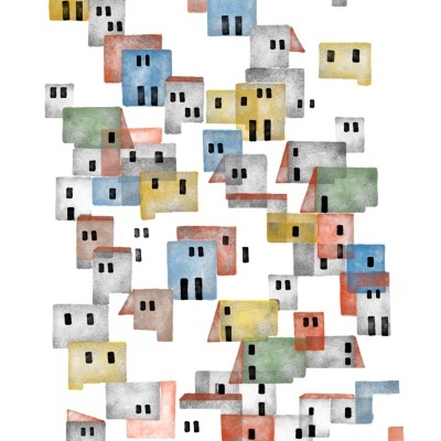 Desenho artístico de casas coloridas em tons pastel sobre fundo branco