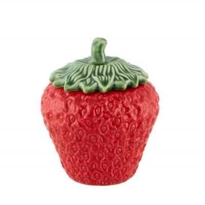 Pote de cerâmica em forma de morango vermelho com tampa verde