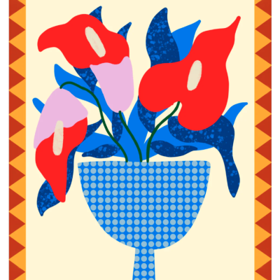 Ilustração de flores vermelhas e rosas em vaso azul com padrão de bolinhas numa moldura laranja e amarela