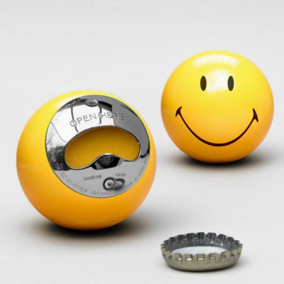 Abridores de garrafas esféricos amarelos com carinhas sorridentes