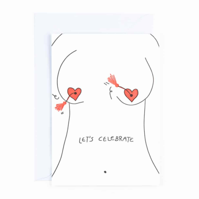 Cartão com desenho minimalista de corpo feminino e corações vermelhos com setas