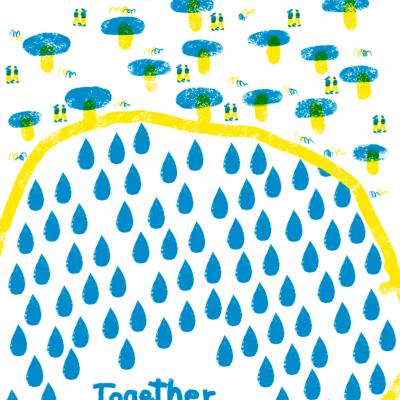 Ilustração abstrata com gotas azuis e texto 'Together we are stronger' em azul dentro de círculo amarelo
