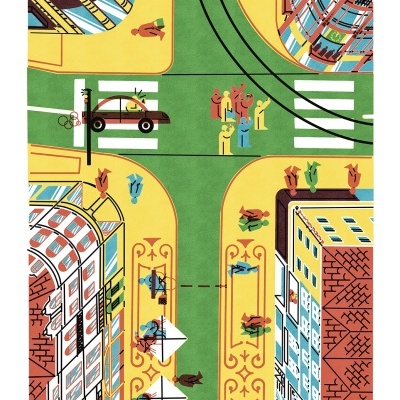 Ilustração de interseção urbana com edifícios, pessoas e texto sobre Galerias Palladium