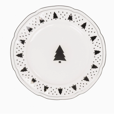 Prato branco com árvores de Natal pretas no centro e borda